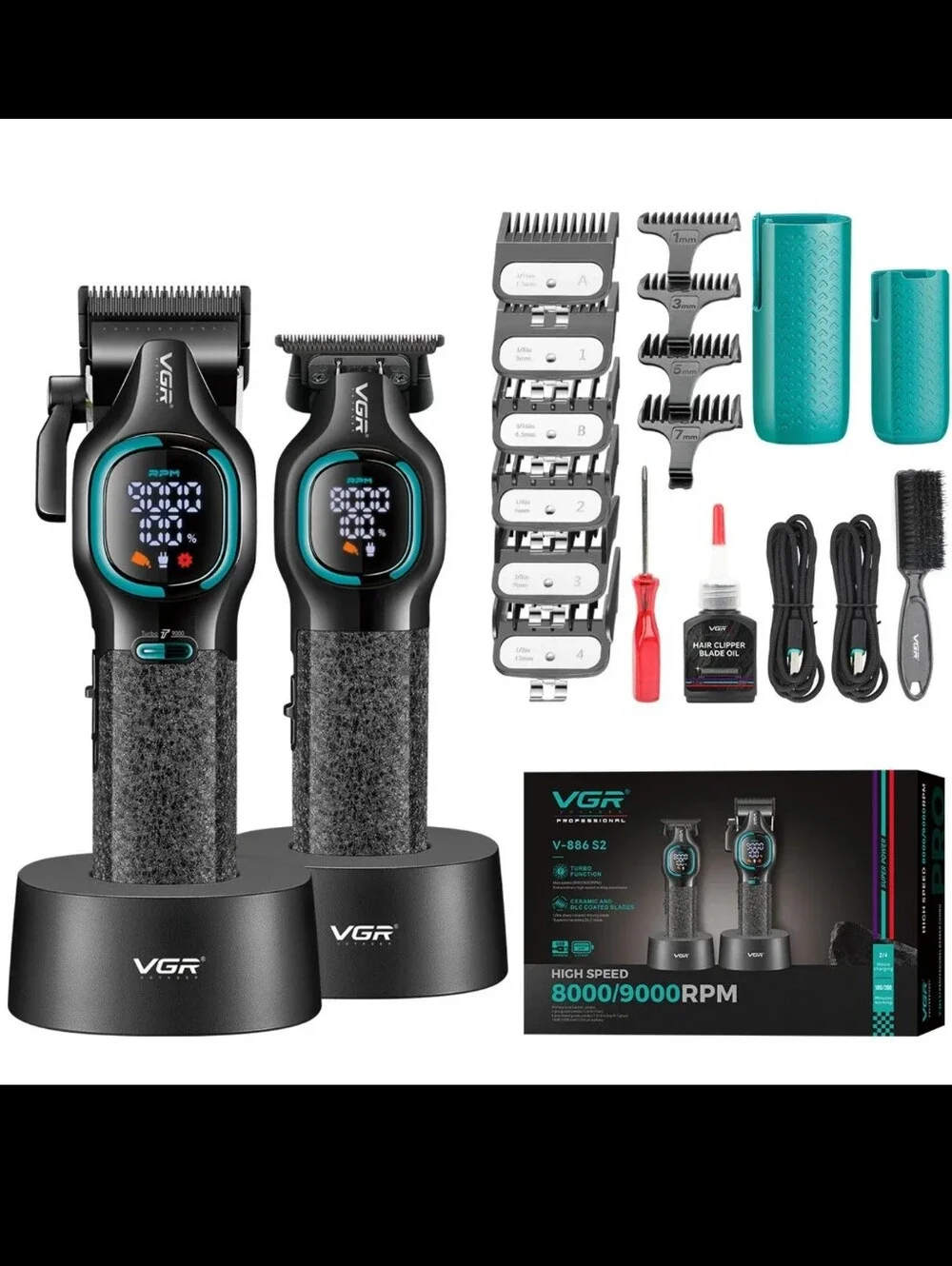 Cordless Hair Clipper with LED Display – Black with Teal Accents